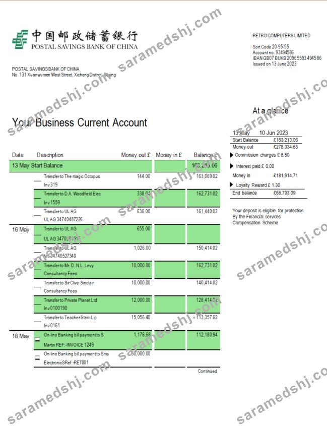 Postal Savings Bank firm account statement Word and PDF template